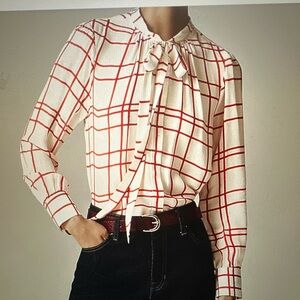 J. Crew tie-neck top in red & cream plaid